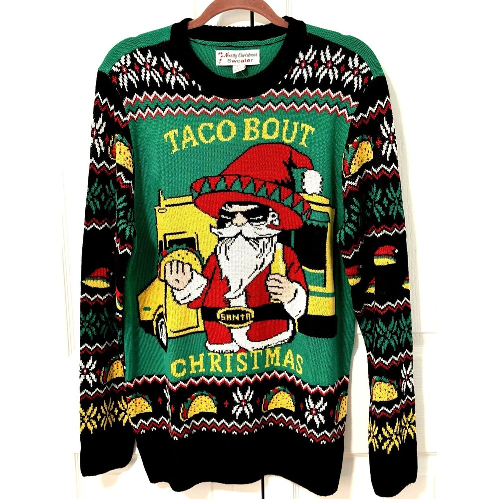 NEW Ugly Christmas Sweater Men’s Sz Large Santa Taco Bout Christmas Taco Truck